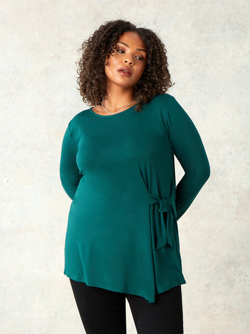 Green Tie Side Drape Jersey Top