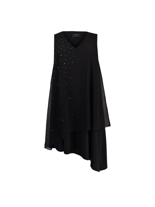 Black Sparkle Stud Asymmetric Layered Dress
