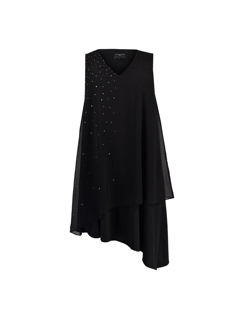 Black Sparkle Stud Asymmetric Layered Dress