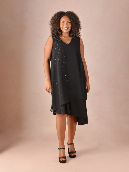 Black Sparkle Stud Asymmetric Layered Dress