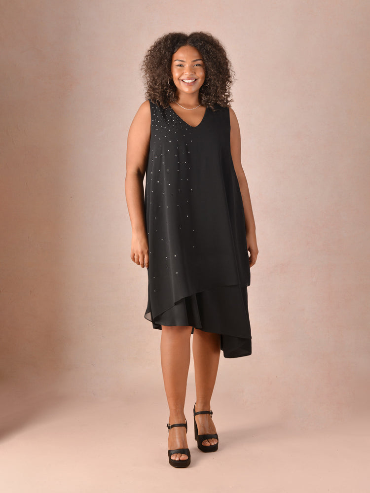 Black Sparkle Stud Asymmetric Layered Dress