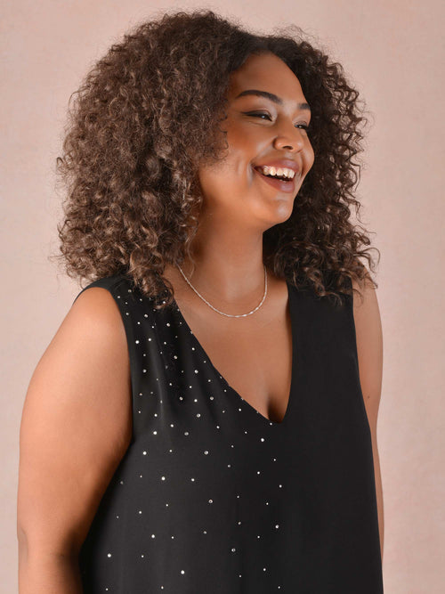 Black Sparkle Stud Asymmetric Layered Dress