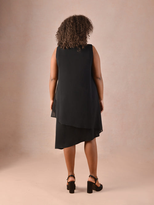 Black Sparkle Stud Asymmetric Layered Dress
