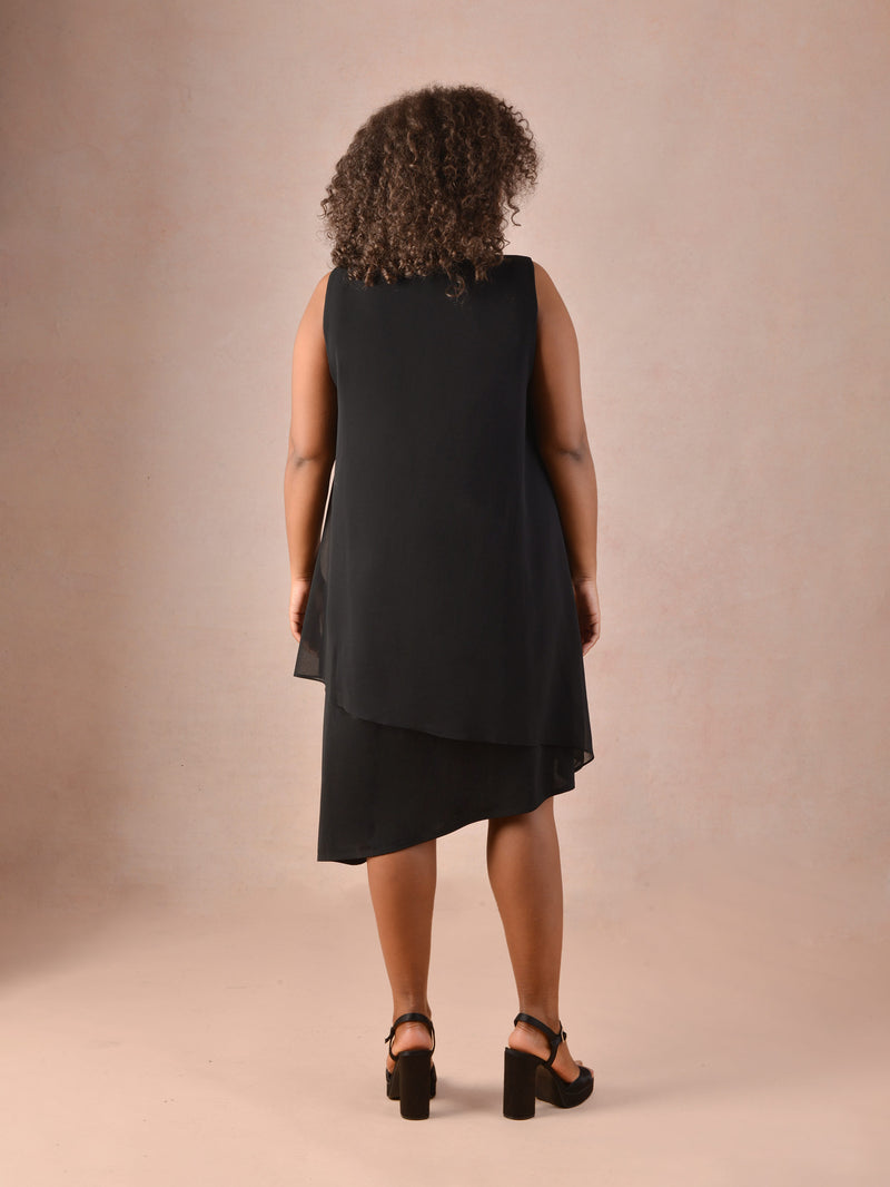 Black Sparkle Stud Asymmetric Layered Dress