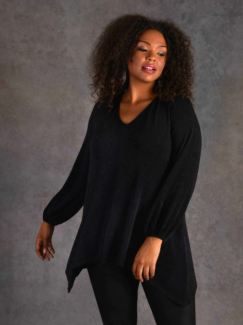 Black Shimmer Hanky Hem Jersey Top