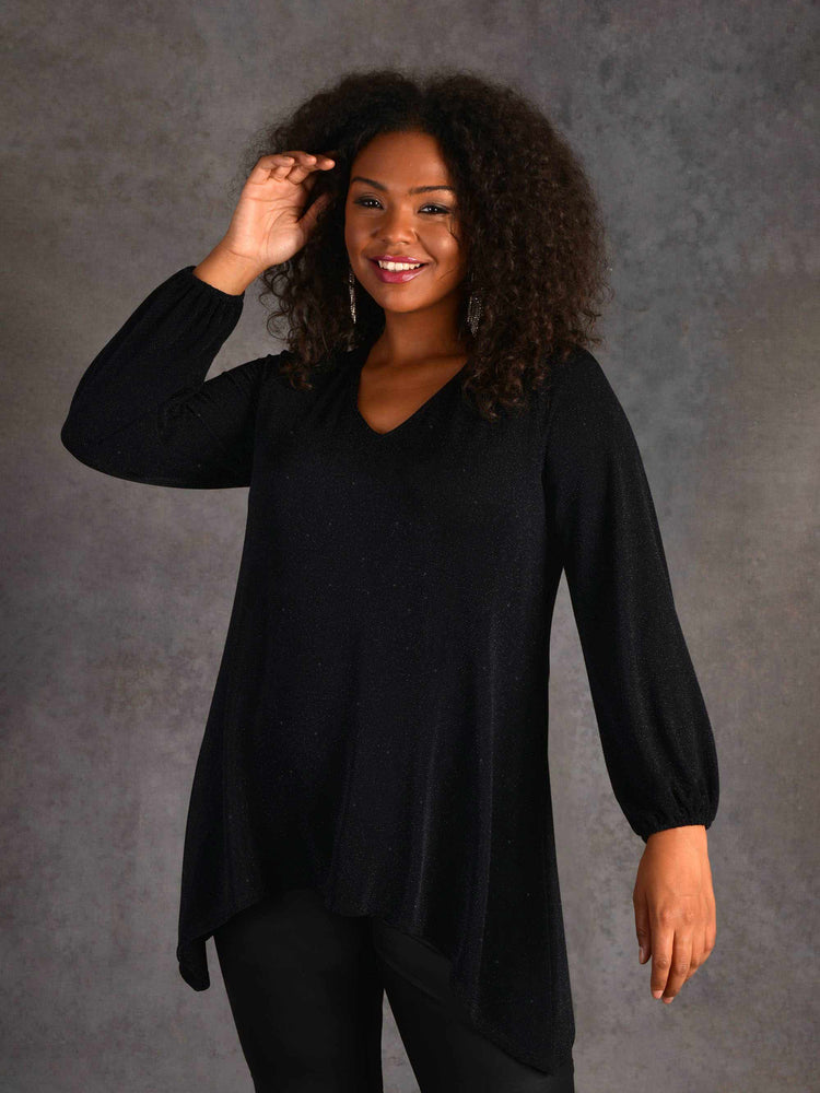 Black Shimmer Hanky Hem Jersey Top