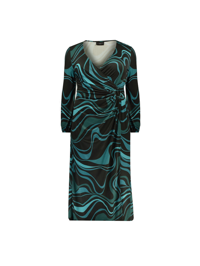 Blue Swirl Print Wrap Ring Side Jersey Midaxi Dress