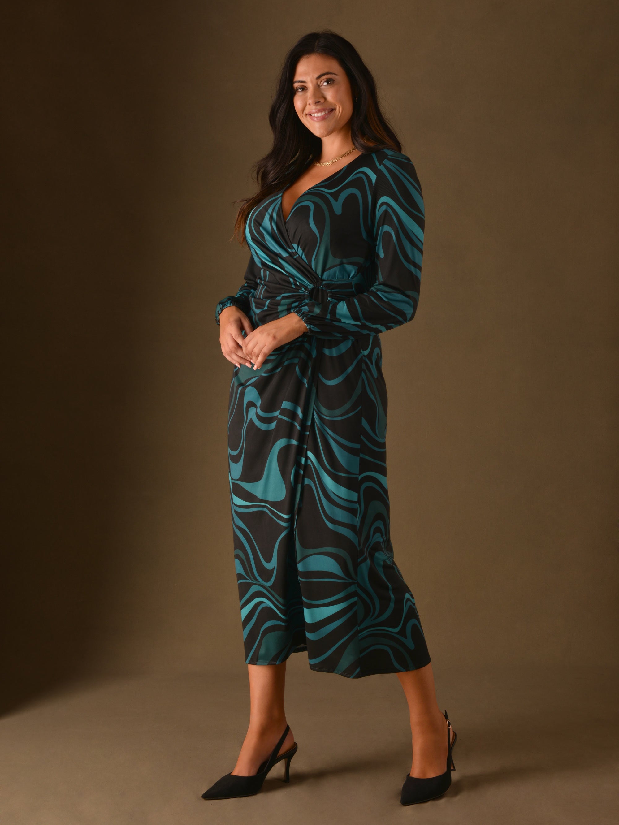 Blue Swirl Print Wrap Ring Side Jersey Midaxi Dress