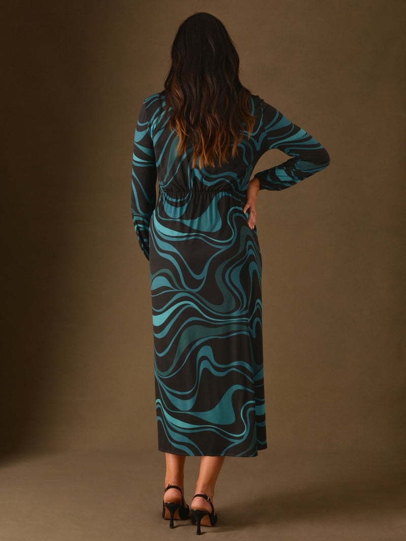 Blue Swirl Print Wrap Ring Side Jersey Midaxi Dress