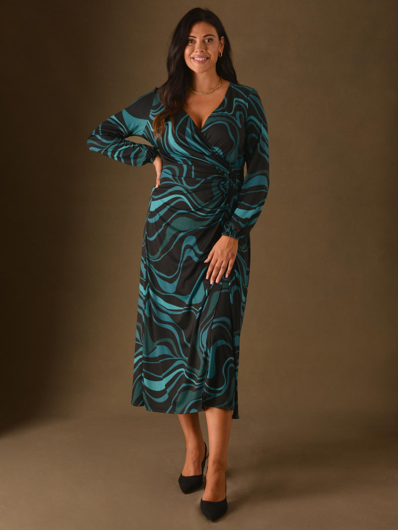 Blue Swirl Print Wrap Ring Side Jersey Midaxi Dress