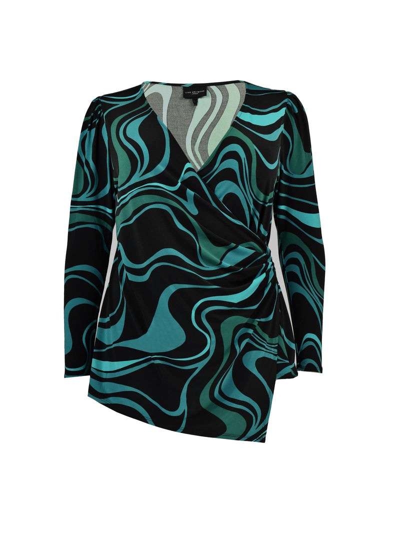 Blue Swirl Print Wrap Jersey Top