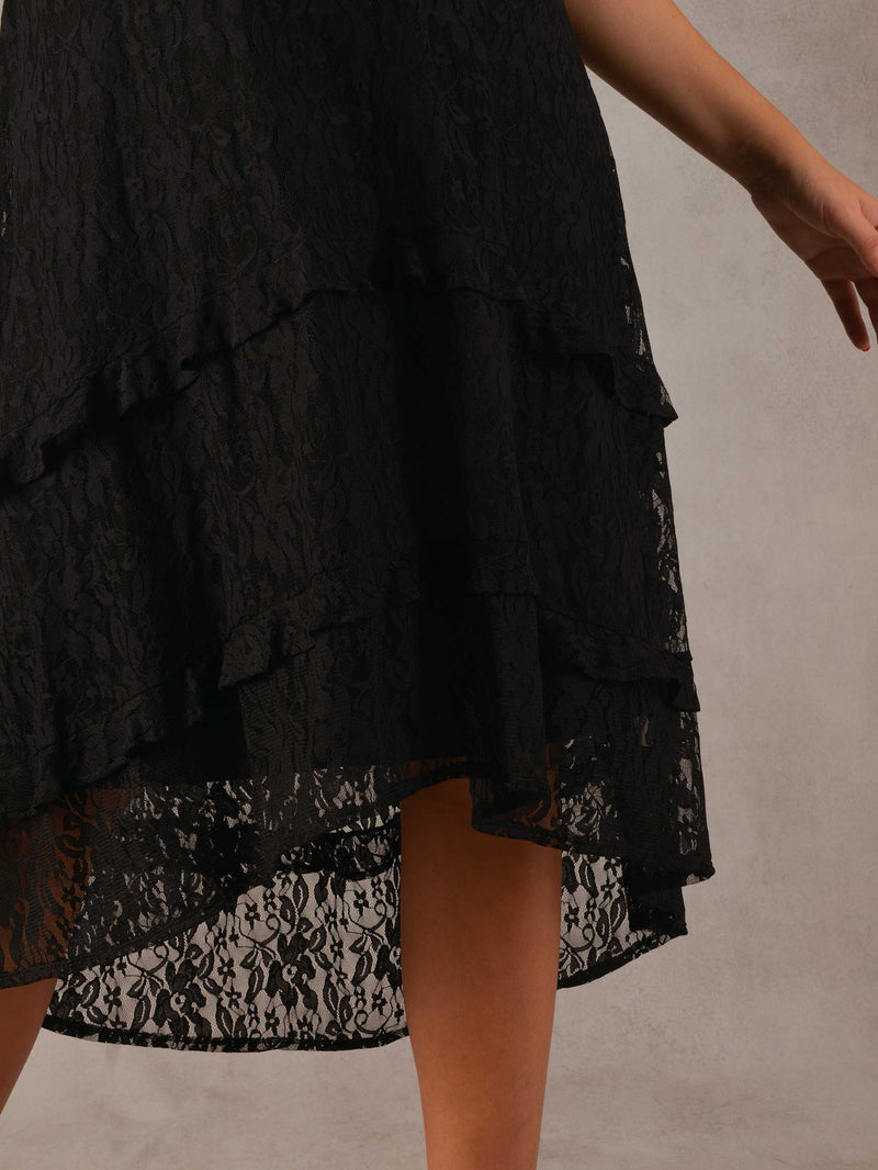 Black Ruffle Stretch Lace Midaxi Dress
