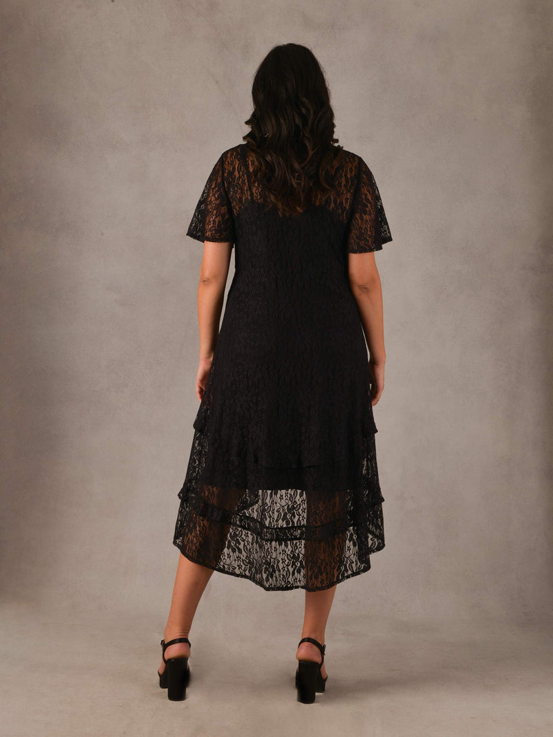 Black Ruffle Stretch Lace Midaxi Dress