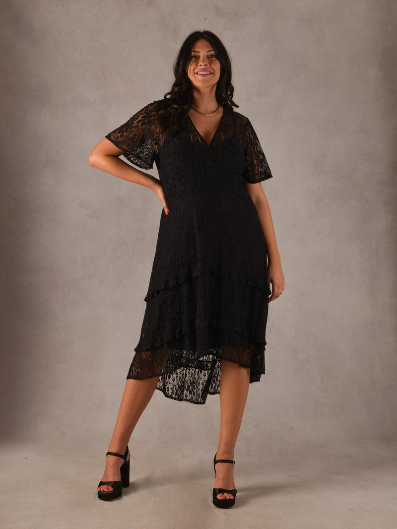 Black Ruffle Stretch Lace Midaxi Dress
