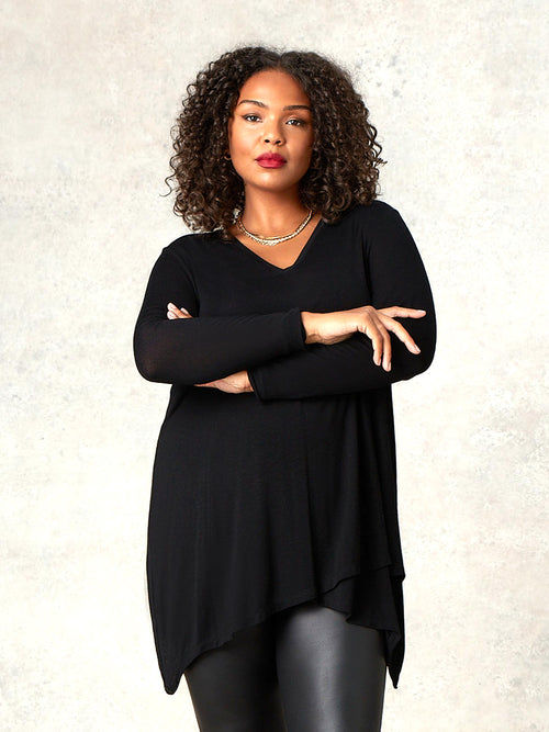 Black Crossover Hanky Hem Jersey Top