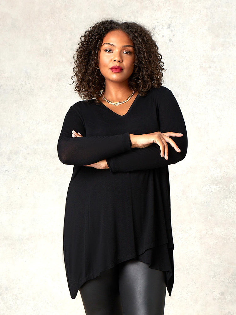 Black Crossover Hanky Hem Jersey Top