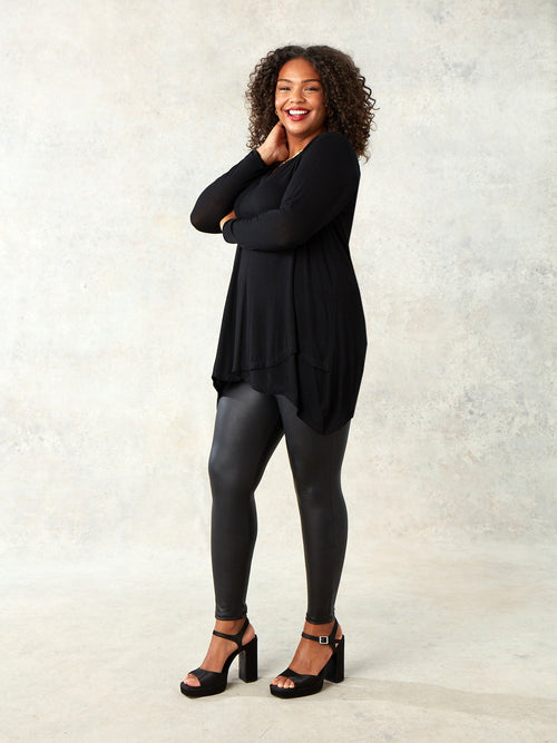 Black Crossover Hanky Hem Jersey Top