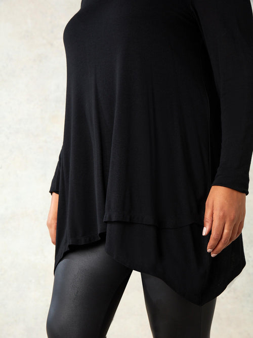 Black Crossover Hanky Hem Jersey Top