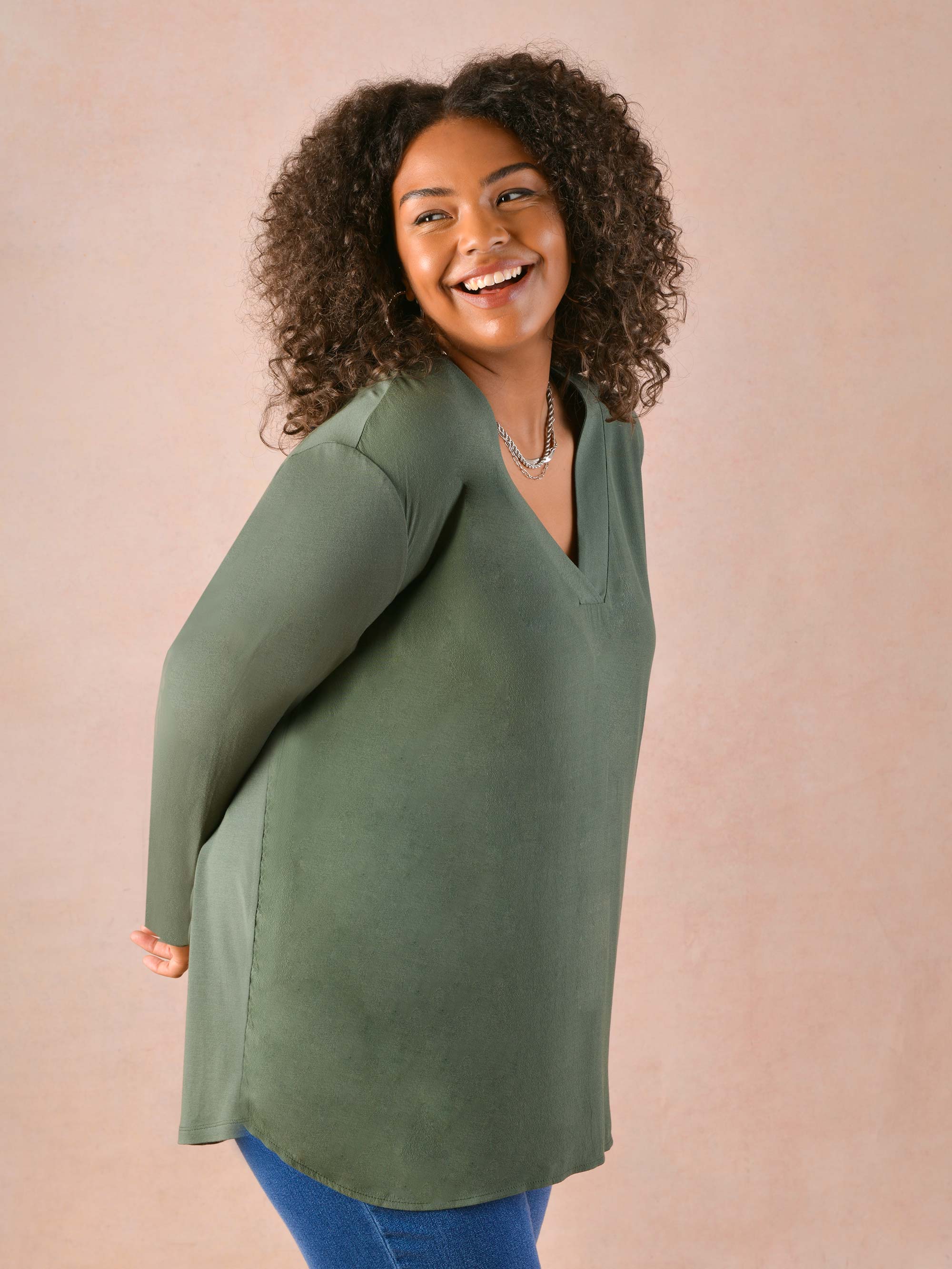 Green Woven Front Long Sleeve Top