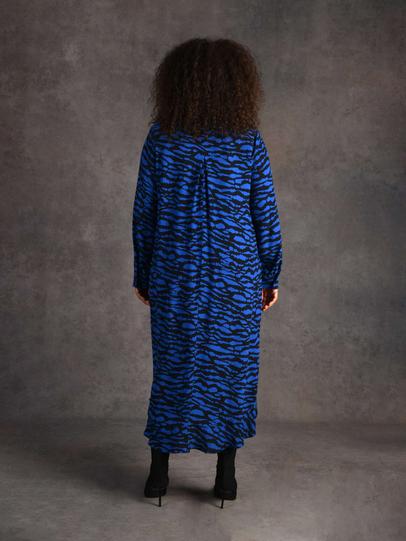 Blue Abstract Print Midi Shirt Dress