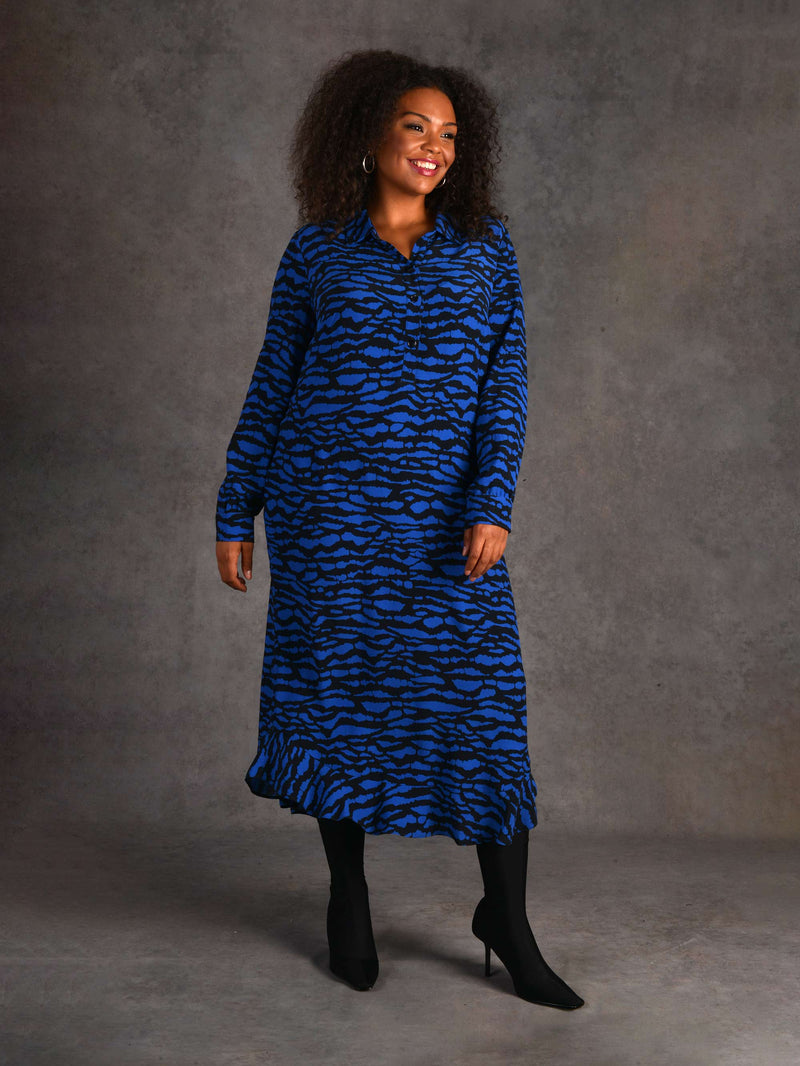 Blue Abstract Print Midi Shirt Dress