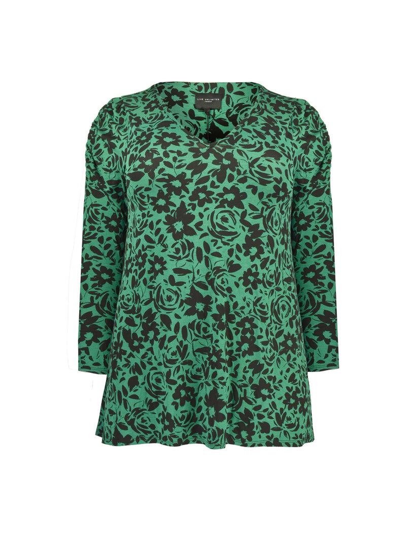 Green Floral Print Gathered Sleeve Jersey Top