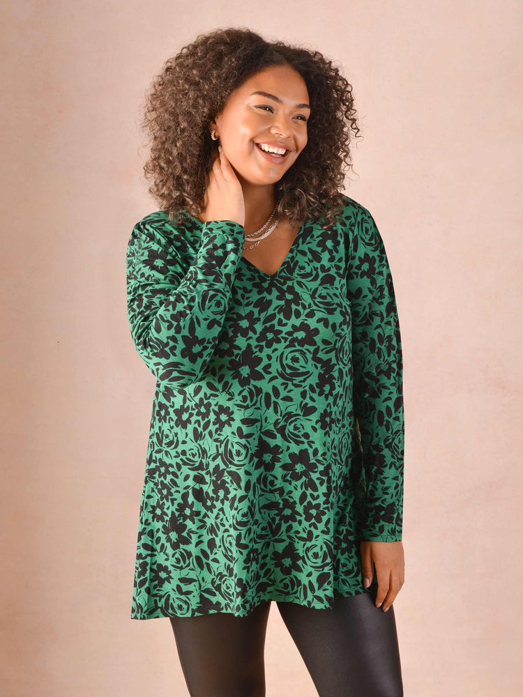 Green Floral Print Gathered Sleeve Jersey Top