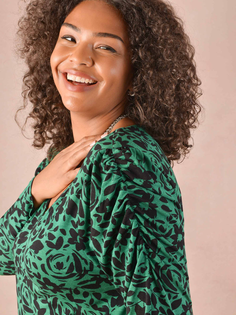 Green Floral Print Gathered Sleeve Jersey Top