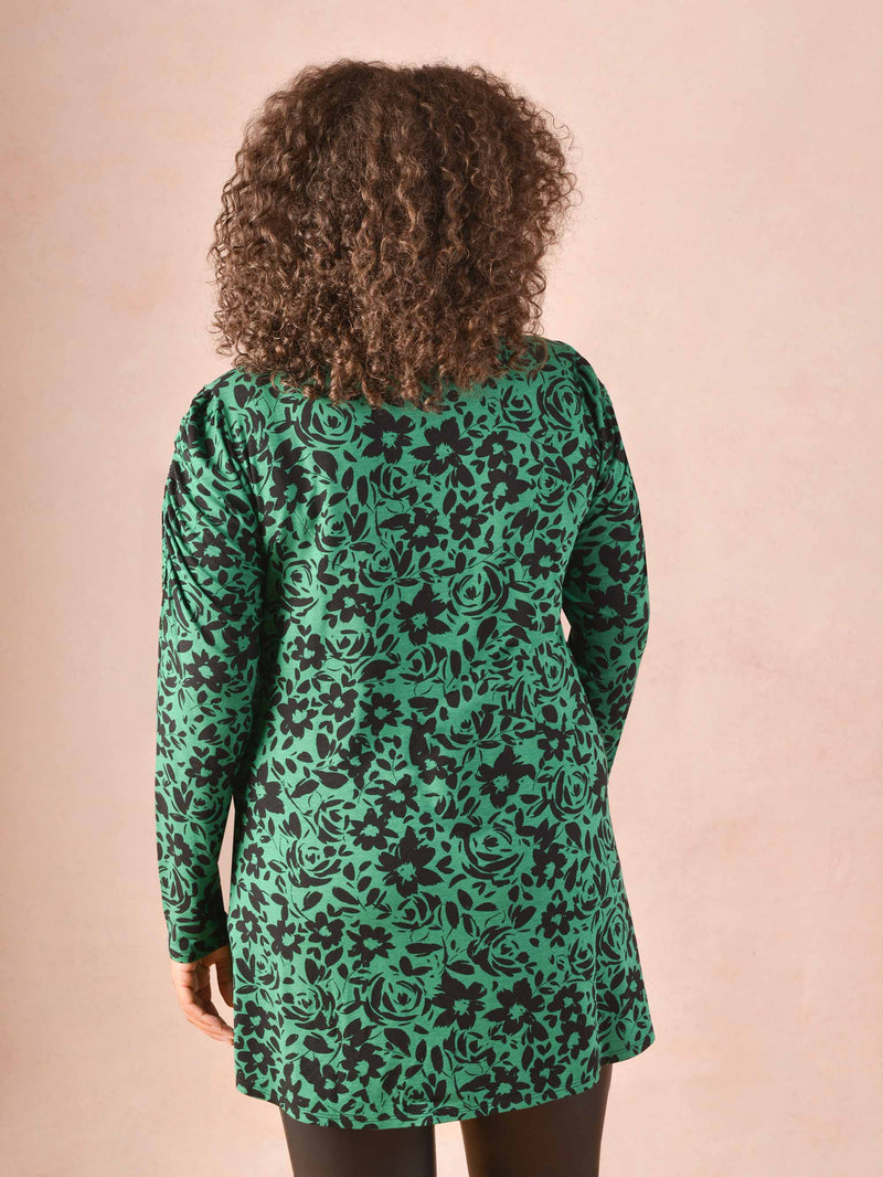 Green Floral Print Gathered Sleeve Jersey Top