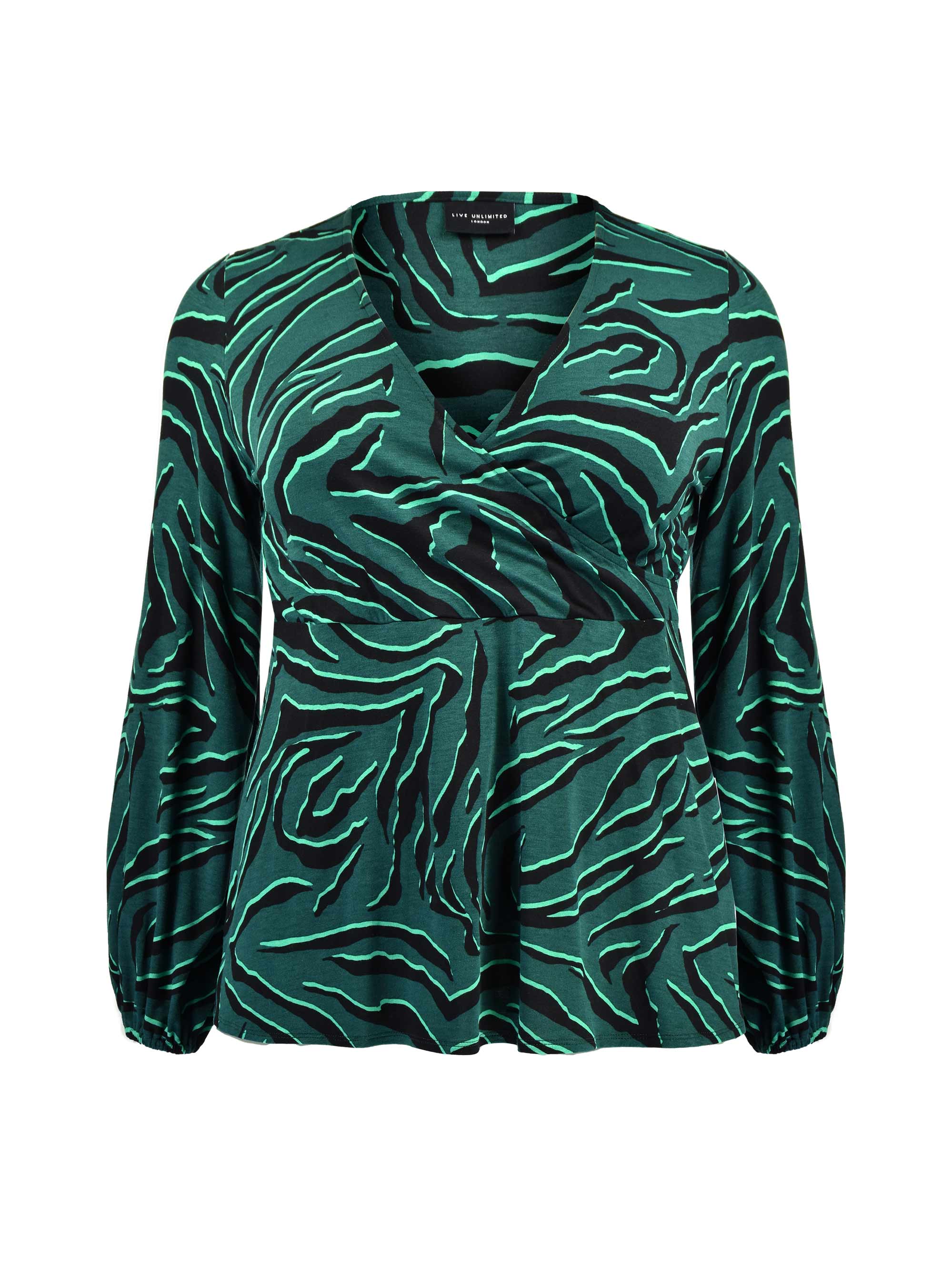 Green Zebra Print Mock Wrap Jersey Top