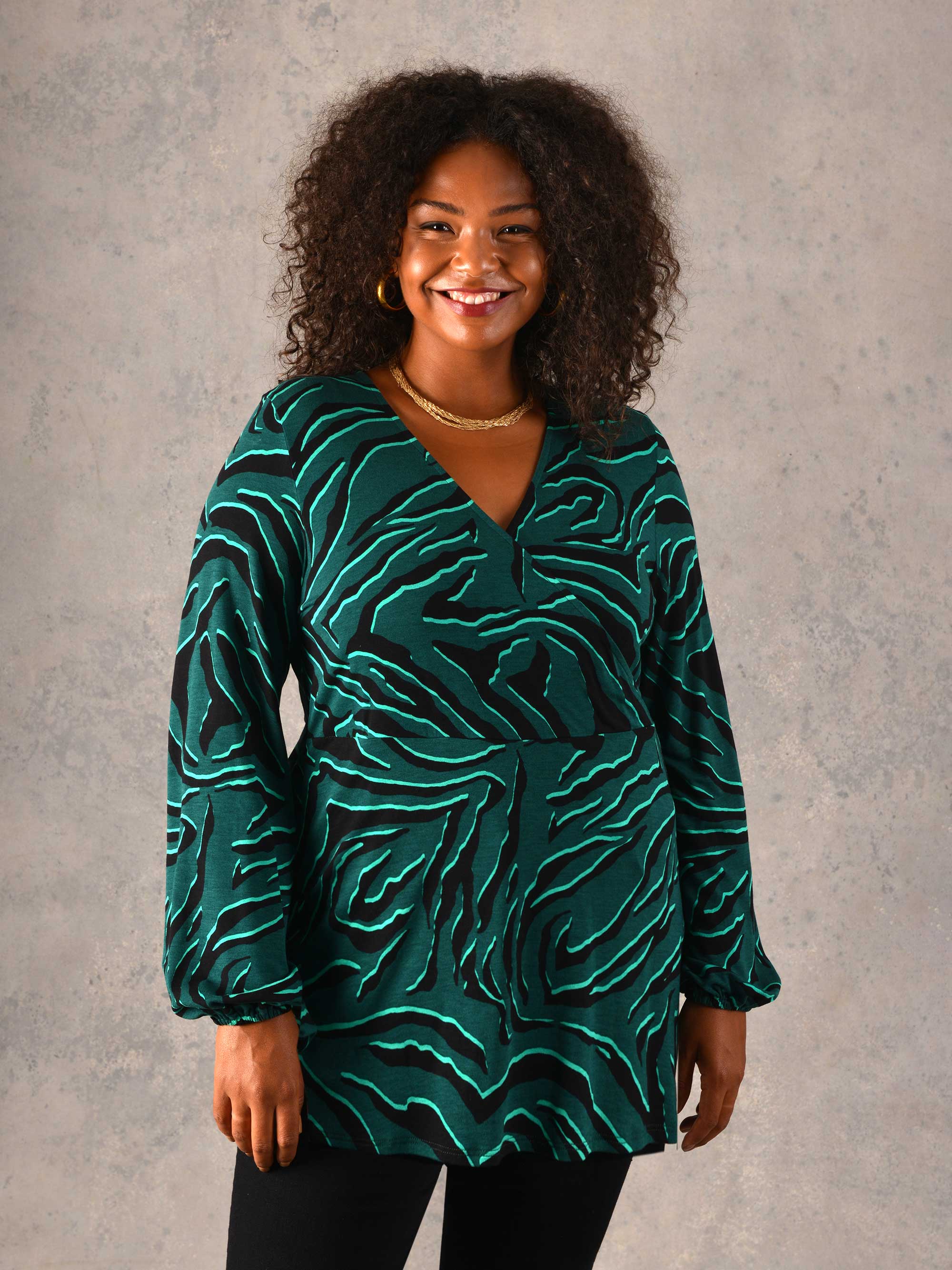 Green Zebra Print Mock Wrap Jersey Top