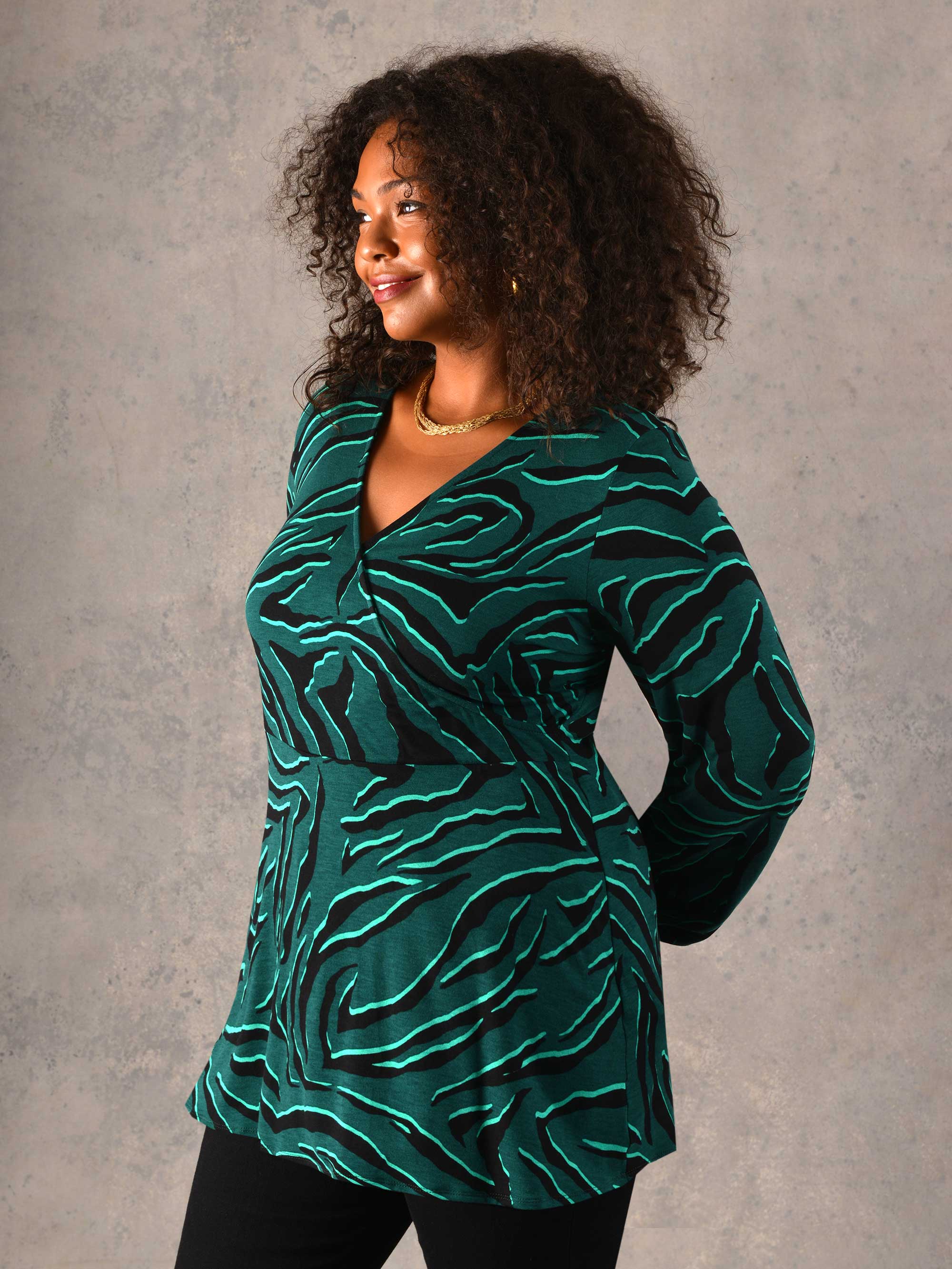 Green Zebra Print Mock Wrap Jersey Top