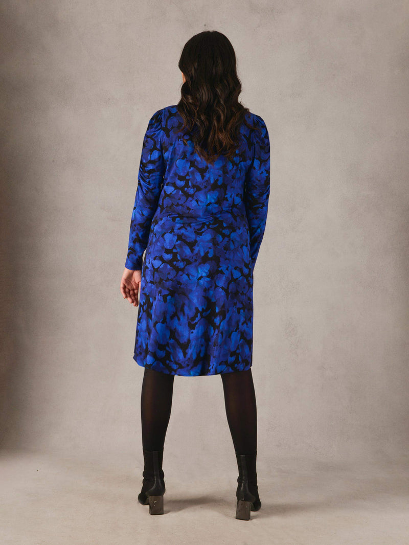 Blue Printed Gathered Sleeve Jersey Dress