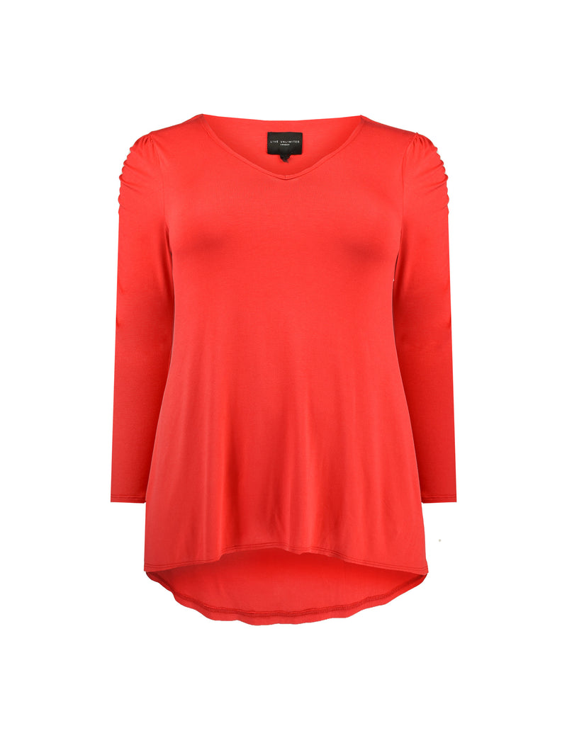 Red Gathered Sleeve Jersey Top