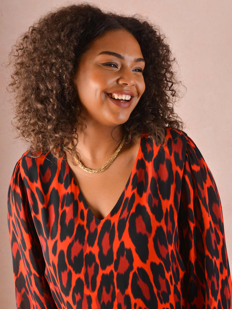 Red Animal Print V-Neck Chuck On Dress