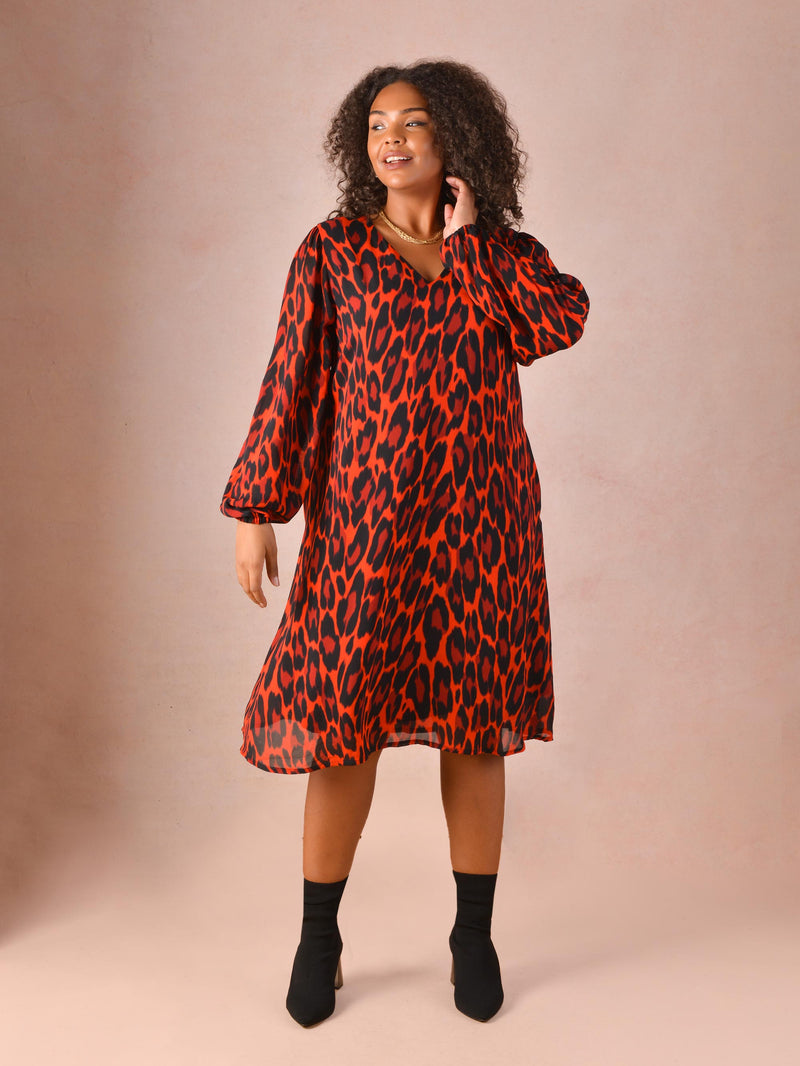 Red Animal Print V-Neck Chuck On Dress