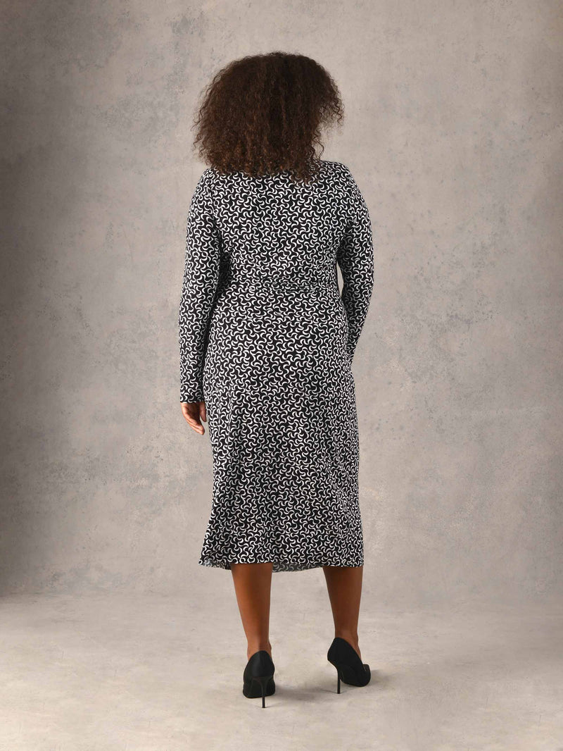 Mono Curl Print Mock Wrap Jersey Midi Dress