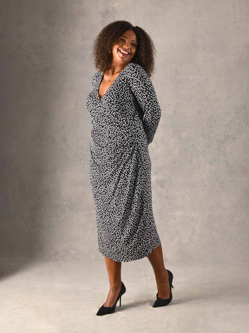 Mono Curl Print Mock Wrap Jersey Midi Dress