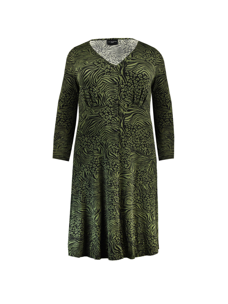 Khaki Animal Print Button Jersey Midi Dress