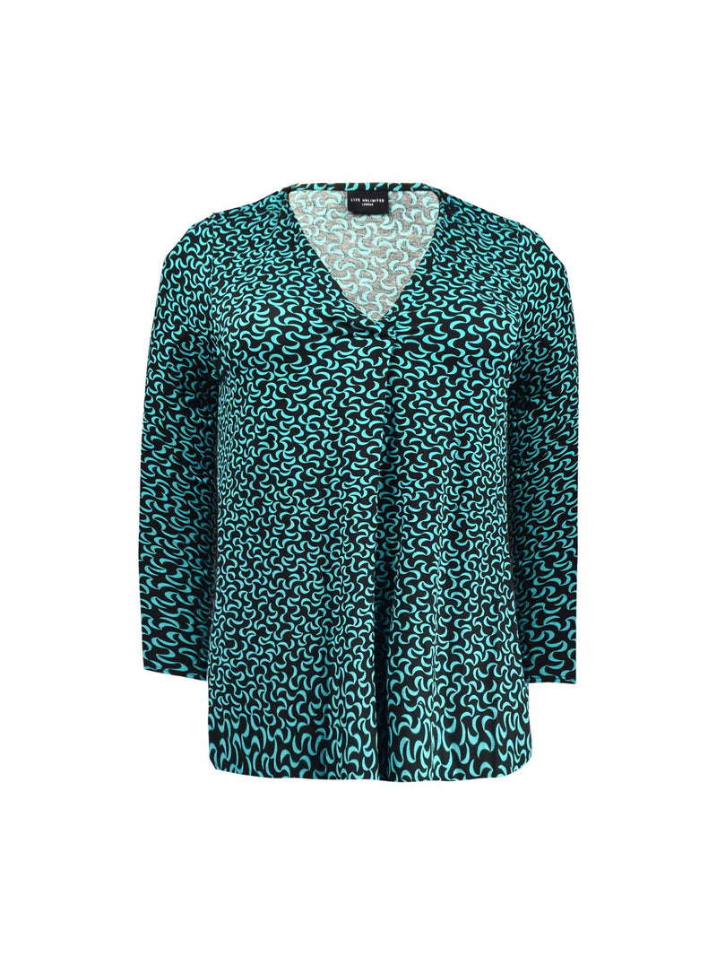 Green Curl Print Pleat Front Jersey Swing Top