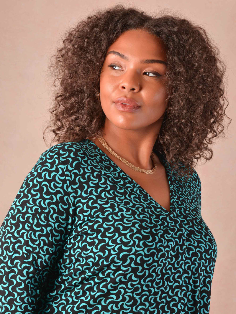 Green Curl Print Pleat Front Jersey Swing Top