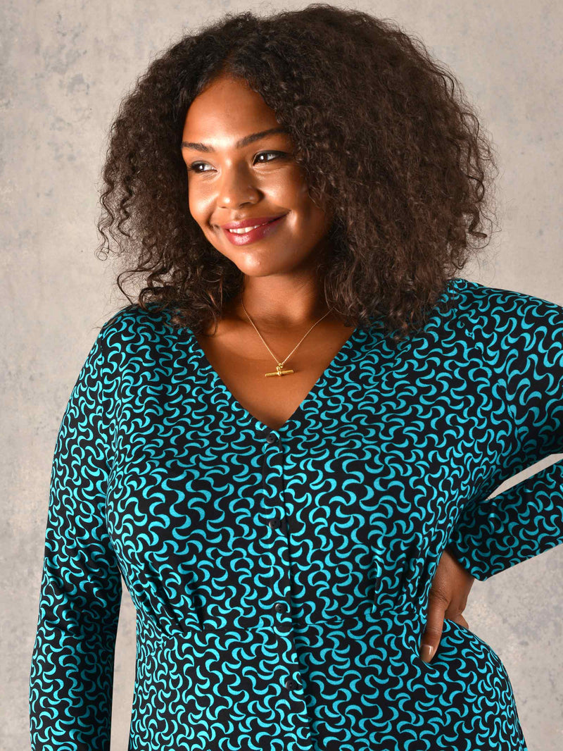 Green Curl Print Button Jersey Midi Dress