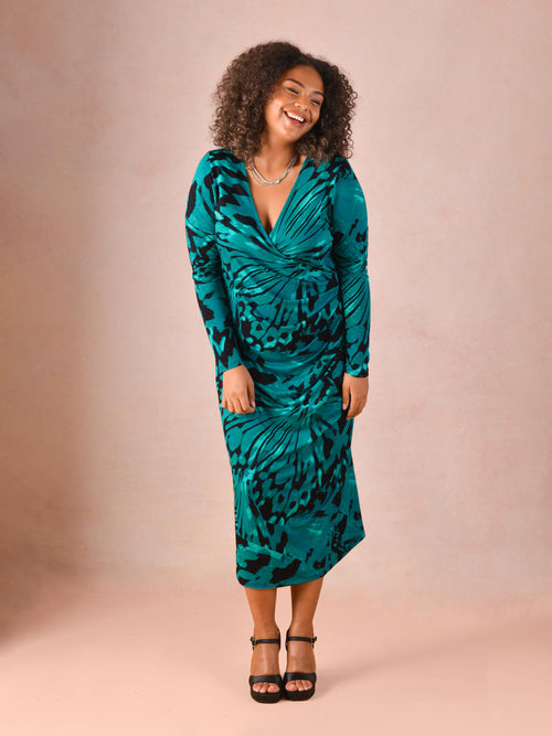 Blue Butterfly Print Mock Wrap Jersey Midi Dress