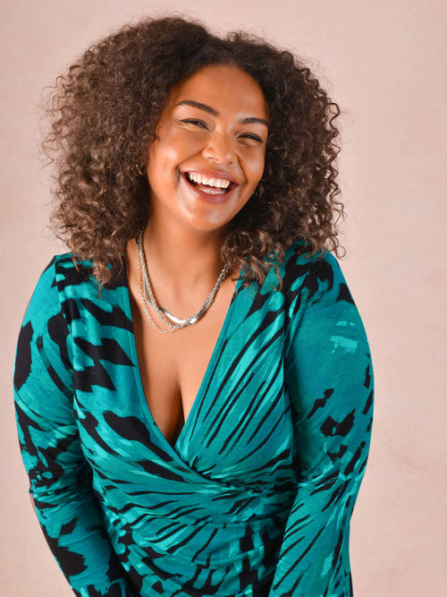Blue Butterfly Print Mock Wrap Jersey Midi Dress