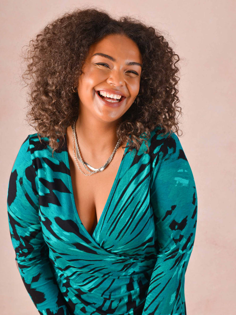 Blue Butterfly Print Mock Wrap Jersey Midi Dress