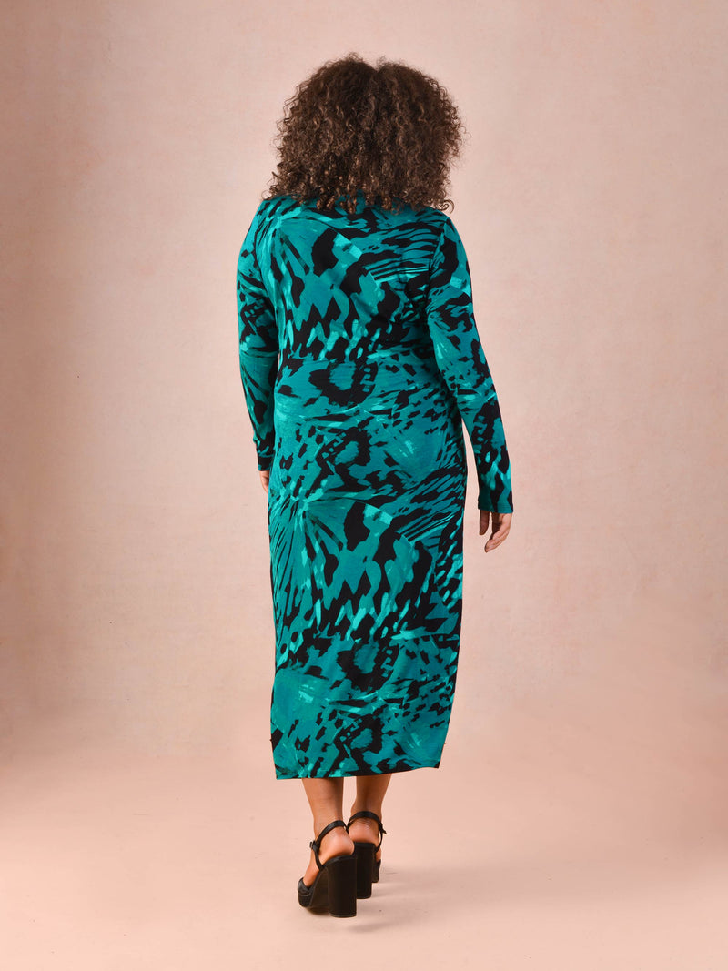 Blue Butterfly Print Mock Wrap Jersey Midi Dress