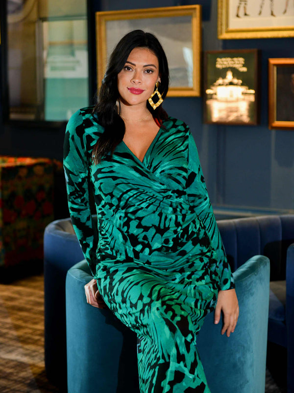 Blue Butterfly Print Mock Wrap Jersey Midi Dress