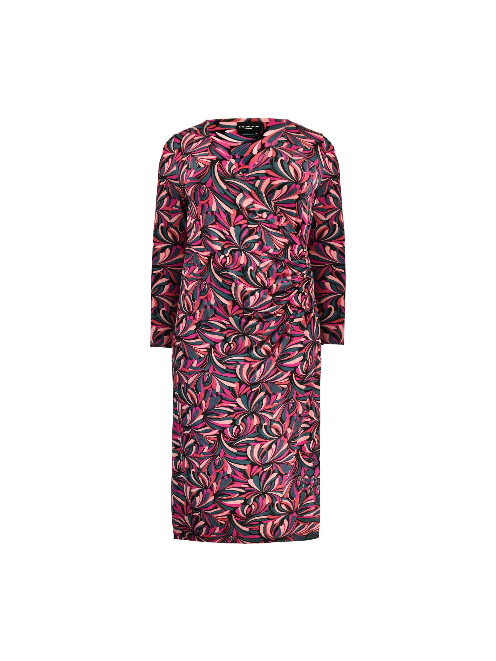 Pink Swirl Print Mock Wrap Jersey Midi Dress