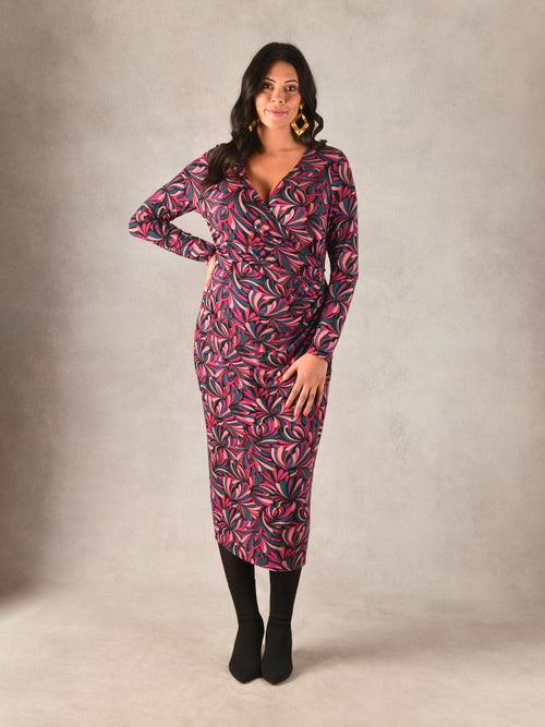 Pink Swirl Print Mock Wrap Jersey Midi Dress