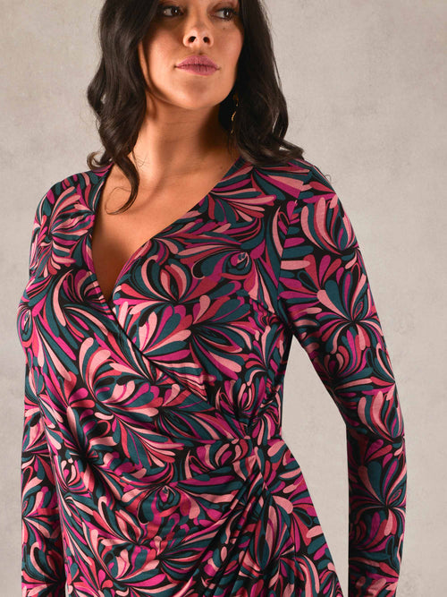 Pink Swirl Print Mock Wrap Jersey Midi Dress